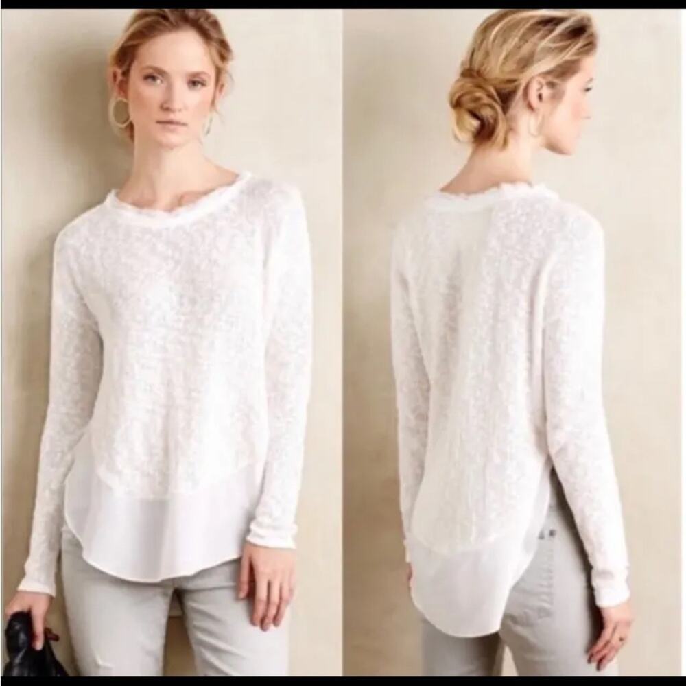 Anthropologie Top Women's XS “Nubby Circle‎ Sweater Tee" Cream Pullover Bohemian